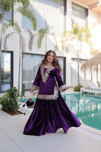 Jyoti Fashion Purple ICE Velvet Embroidered Designer Kurta Set with Batwa - Distacart