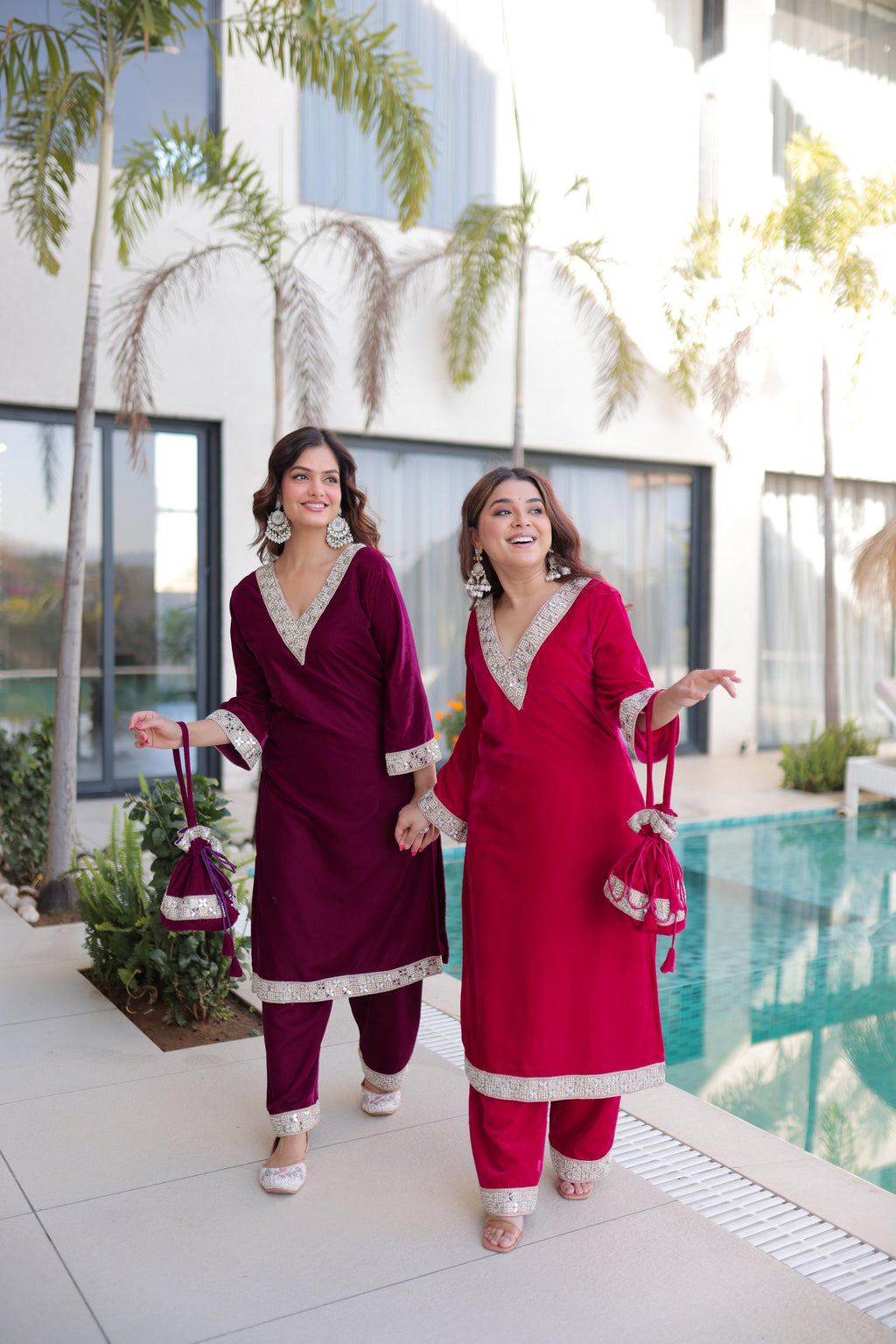 Jyoti Fashion Wine & Pink Velvet Embroidered Designer Combo Kurta Set with Batwa - Distacart