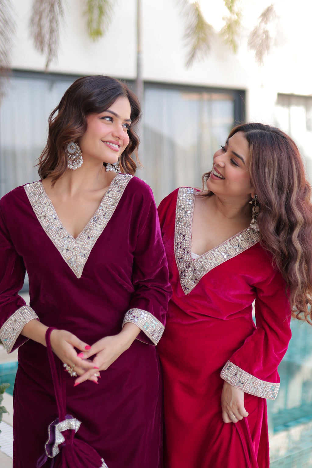 Jyoti Fashion Wine & Pink Velvet Embroidered Designer Combo Kurta Set with Batwa - Distacart