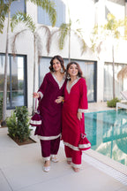 Jyoti Fashion Wine & Pink Velvet Embroidered Designer Combo Kurta Set with Batwa - Distacart
