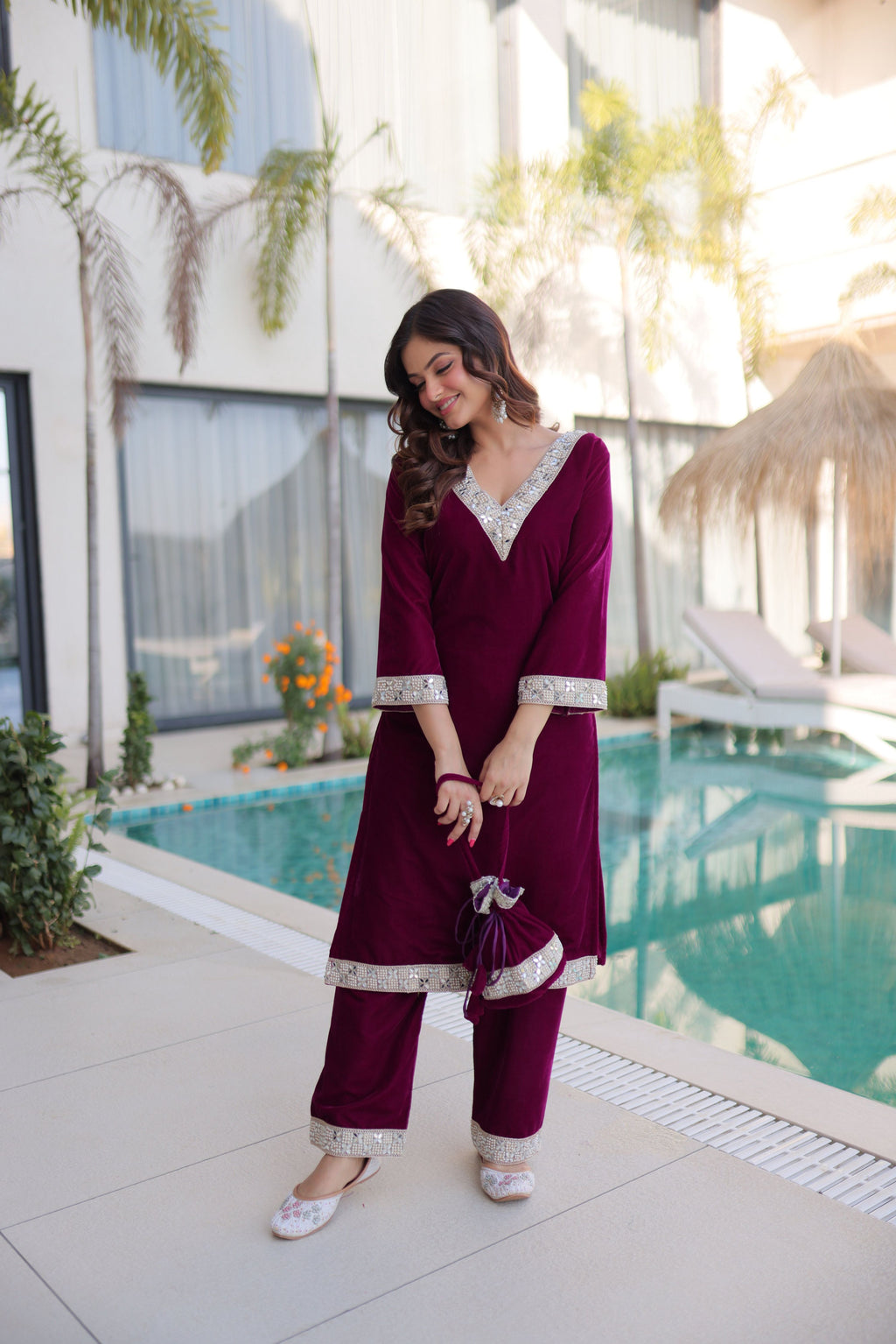 Jyoti Fashion Wine Velvet Embroidered Designer Kurta Set with Batwa - Distacart