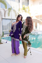 Jyoti Fashion Purple & Mehendi Velvet Embroidered Designer Combo Kurta Set with Batwa - Distacart