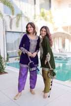 Jyoti Fashion Purple & Mehendi Velvet Embroidered Designer Combo Kurta Set with Batwa - Distacart