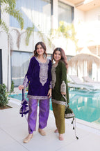 Jyoti Fashion Purple & Mehendi Velvet Embroidered Designer Combo Kurta Set with Batwa - Distacart