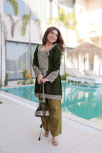 Jyoti Fashion Mehendi Velvet Embroidered Designer Kurta Set with Batwa - Distacart