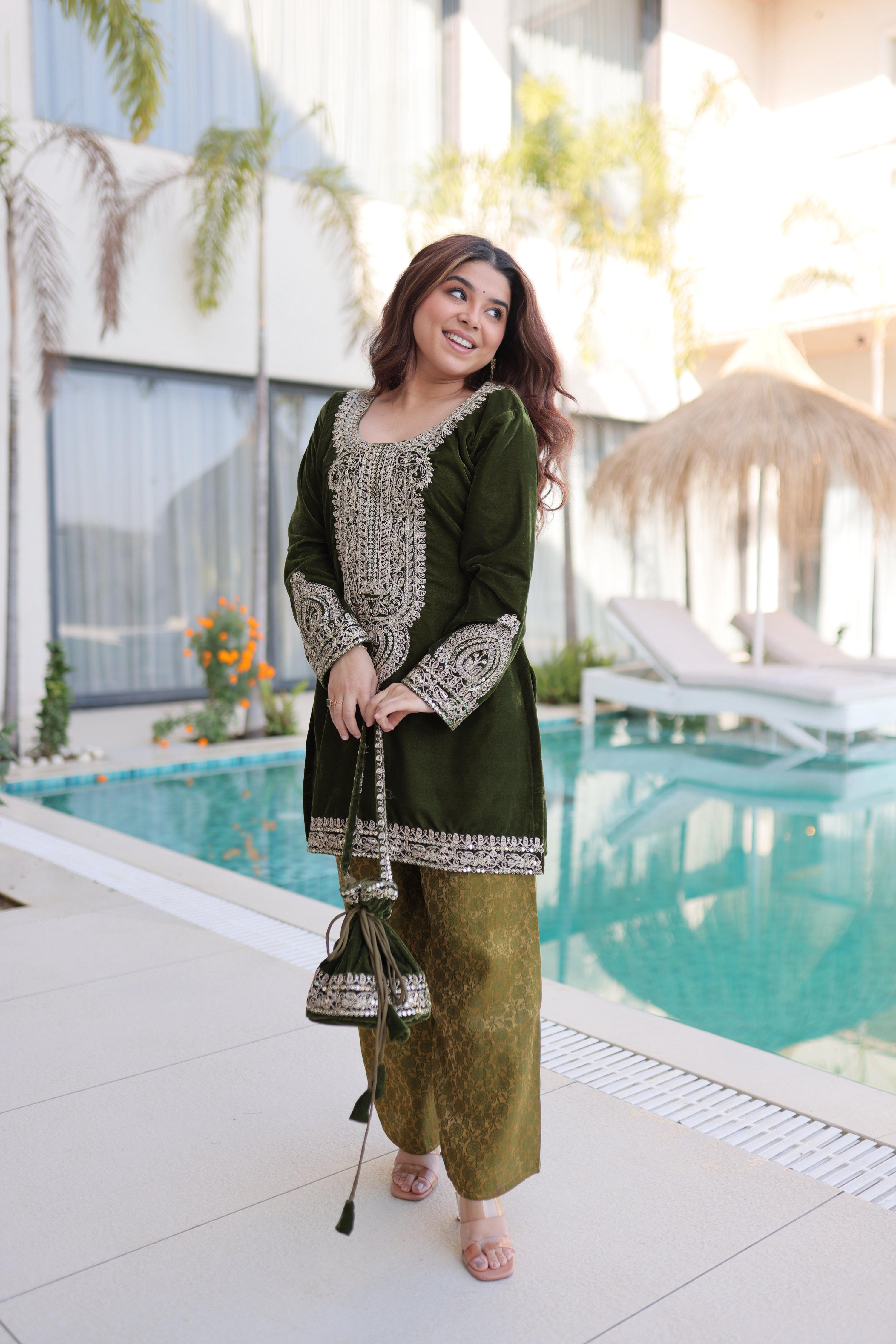 Jyoti Fashion Mehendi Velvet Embroidered Designer Kurta Set with Batwa - Distacart