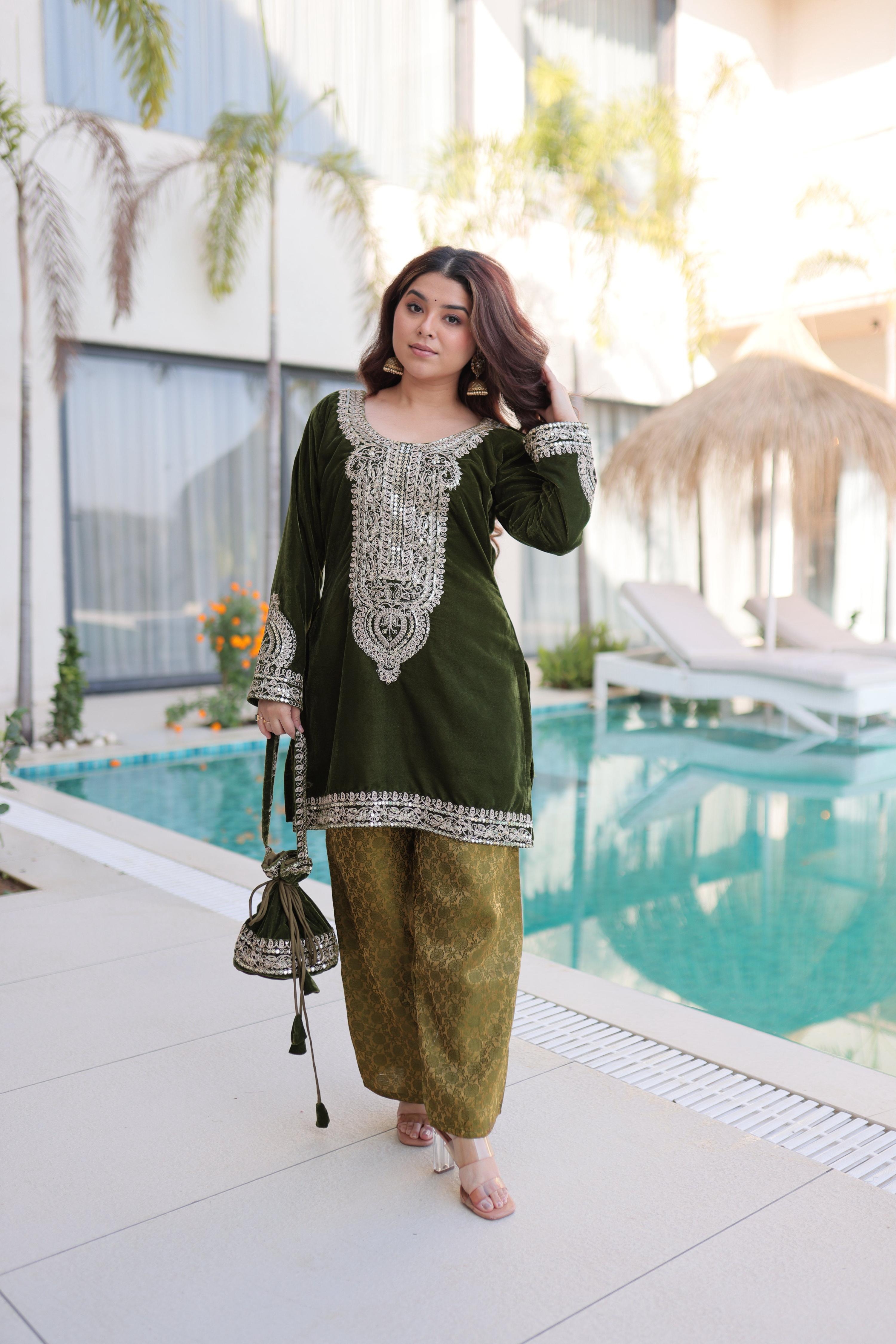 Jyoti Fashion Mehendi Velvet Embroidered Designer Kurta Set with Batwa - Distacart