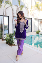 Jyoti Fashion Purple Velvet Embroidered Designer Kurta Set with Batwa - Distacart