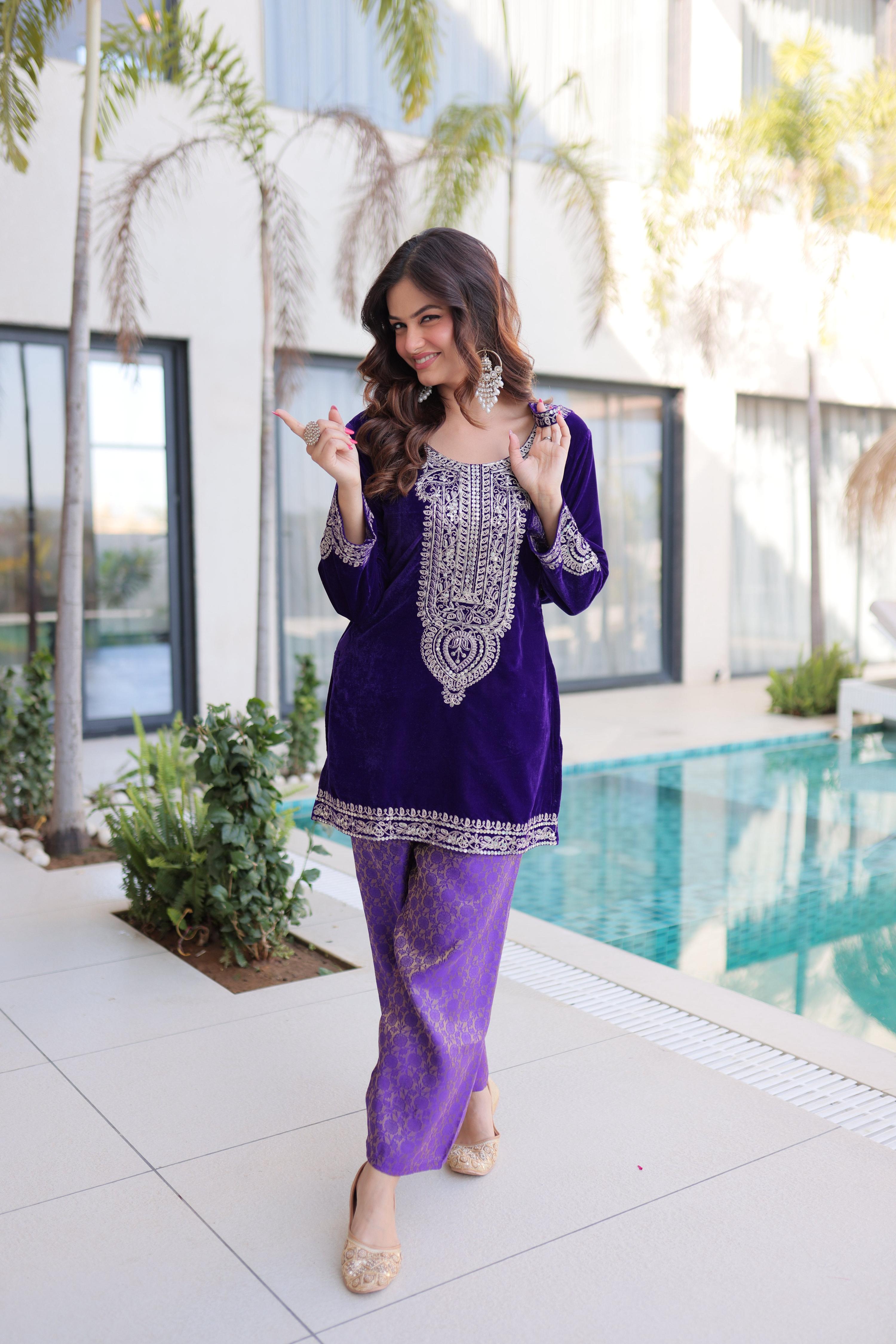 Jyoti Fashion Purple Velvet Embroidered Designer Kurta Set with Batwa - Distacart