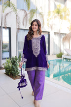 Jyoti Fashion Purple Velvet Embroidered Designer Kurta Set with Batwa - Distacart