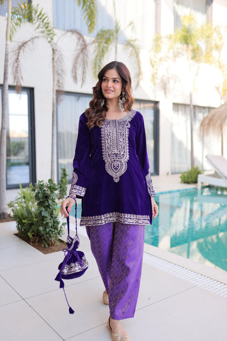 Jyoti Fashion Purple Velvet Embroidered Designer Kurta Set with Batwa