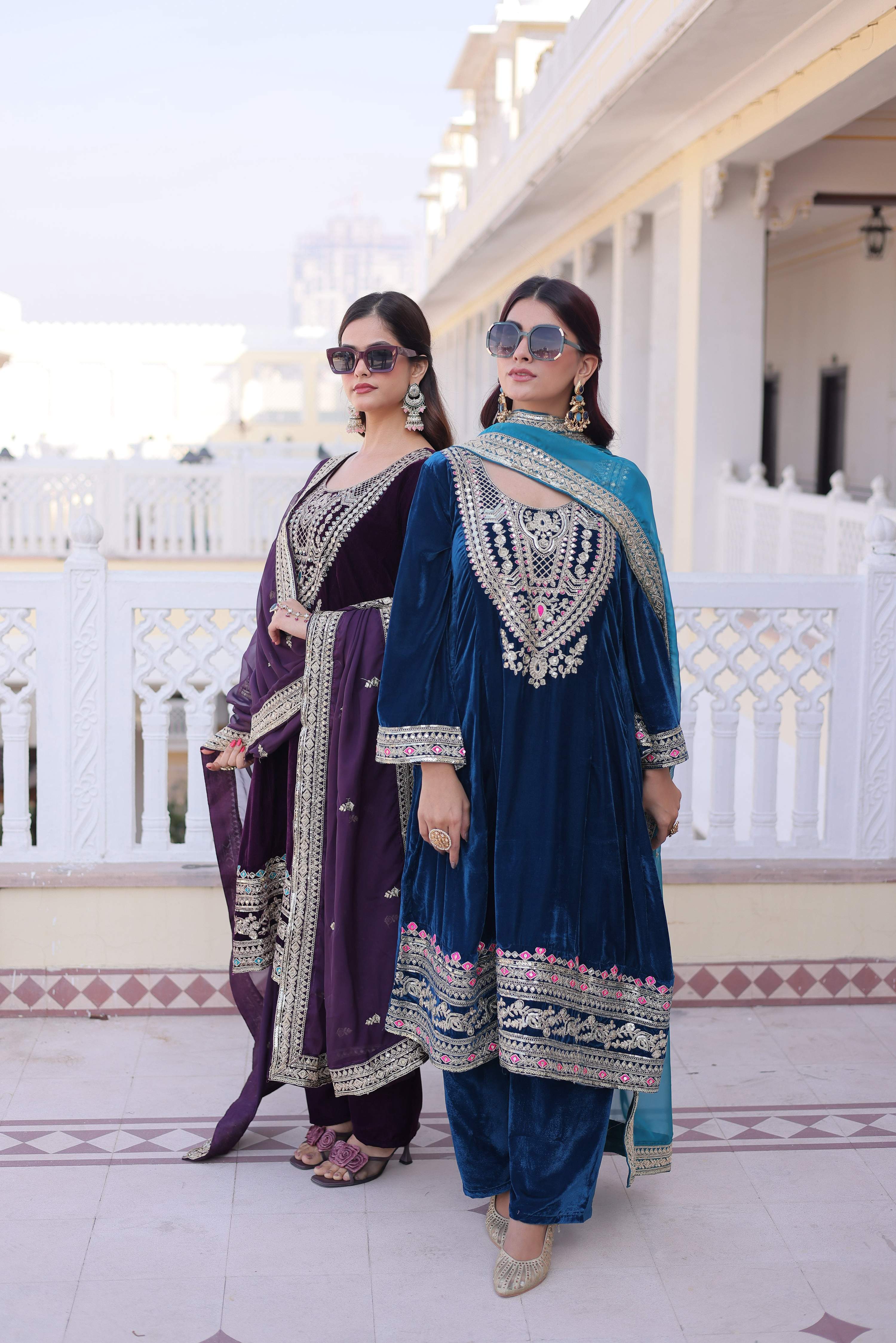 Jyoti Fashion Wine & Rama Velvet Embroidered Designer Combo Kurta Set with Batwa - Distacart