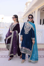 Jyoti Fashion Wine & Rama Velvet Embroidered Designer Combo Kurta Set with Batwa - Distacart
