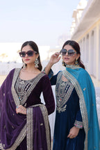 Jyoti Fashion Wine & Rama Velvet Embroidered Designer Combo Kurta Set with Batwa - Distacart