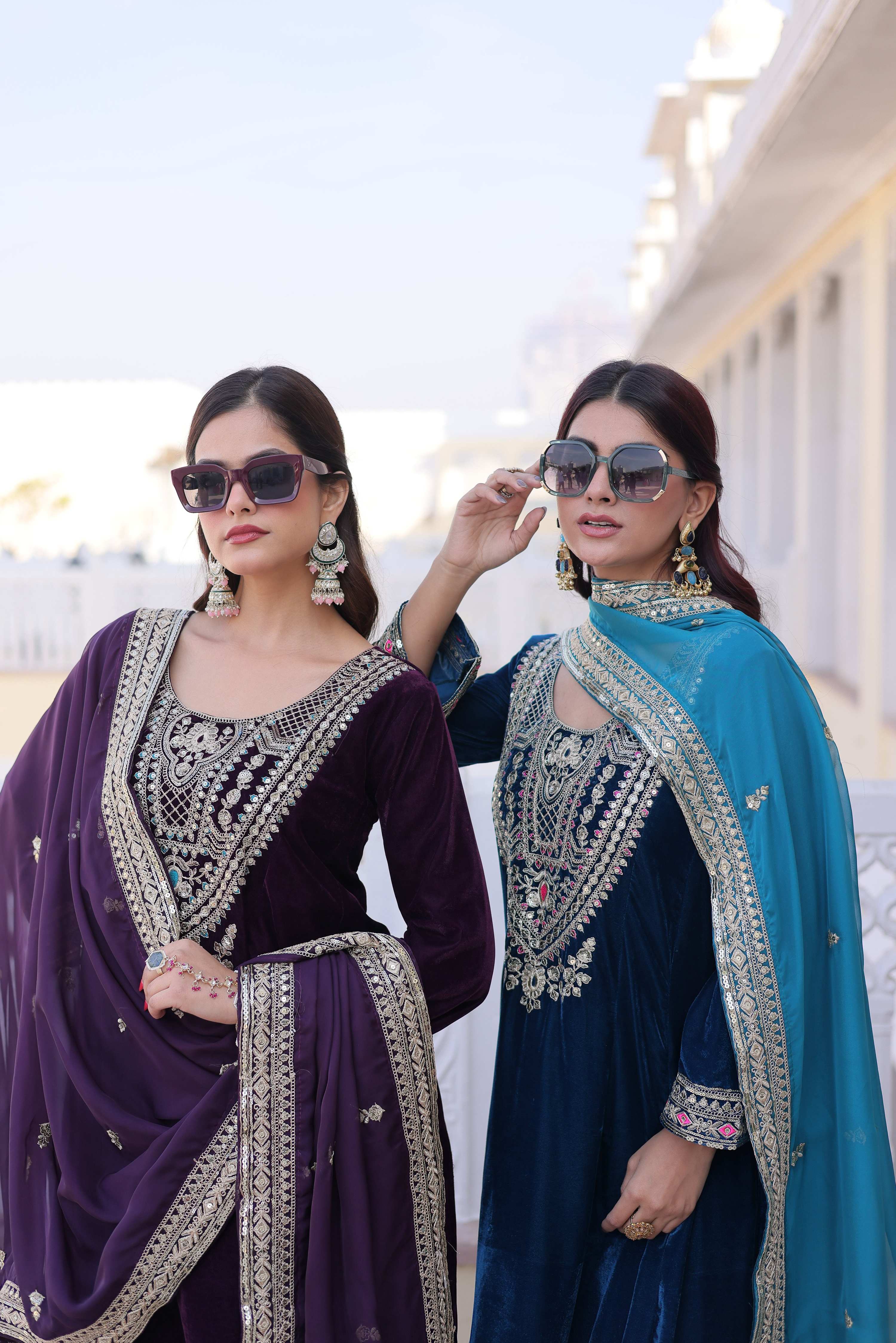 Jyoti Fashion Wine & Rama Velvet Embroidered Designer Combo Kurta Set with Batwa - Distacart