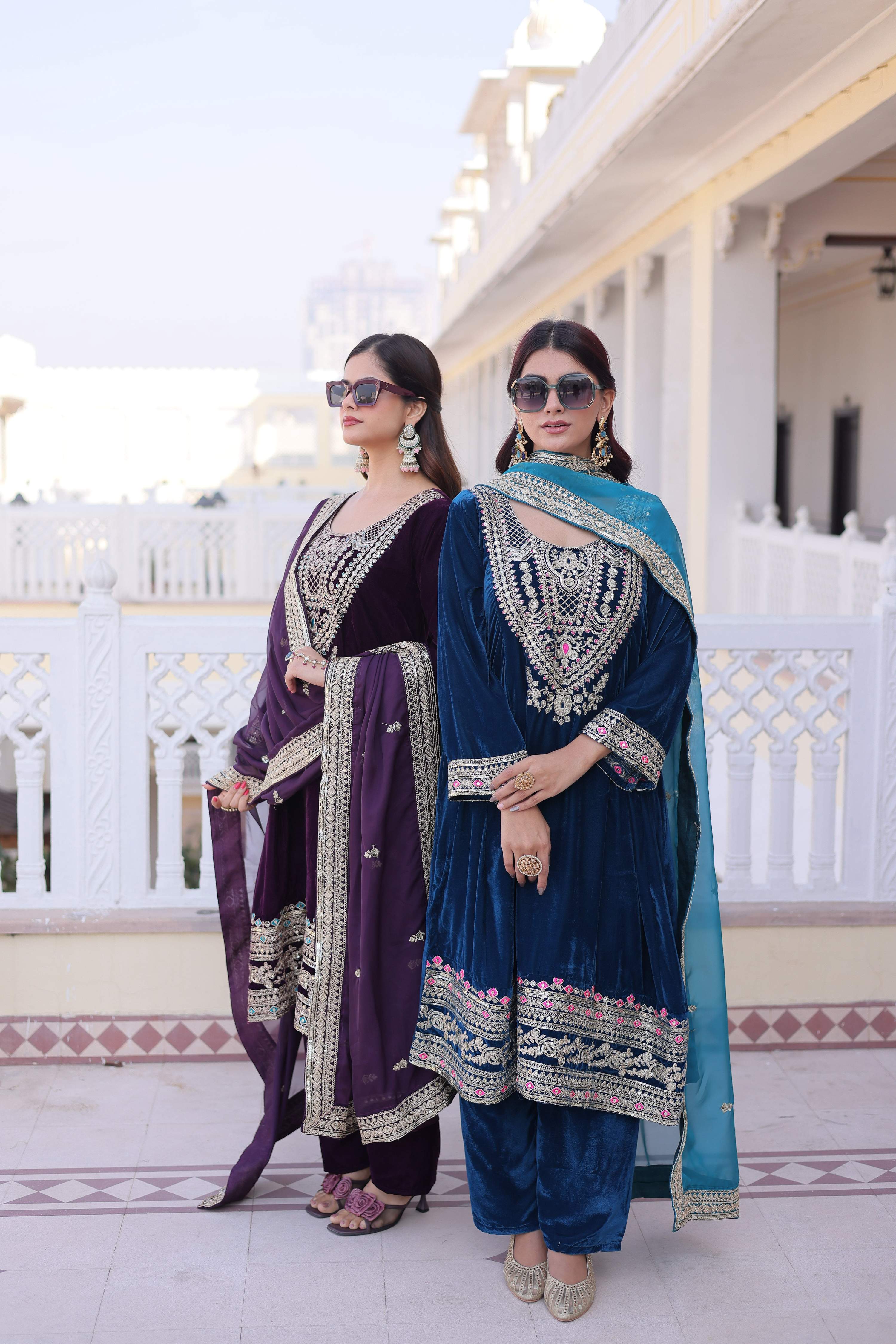 Jyoti Fashion Wine & Rama Velvet Embroidered Designer Combo Kurta Set with Batwa - Distacart