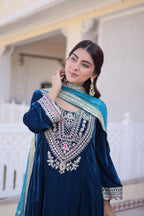 Jyoti Fashion Rama Velvet Embroidered Designer Kurta Set with Batwa - Distacart