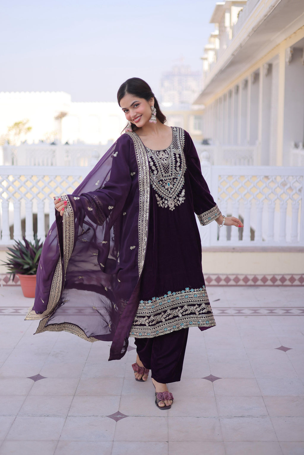 Jyoti Fashion Wine Velvet Embroidered Designer Kurta Set with Batwa - Distacart
