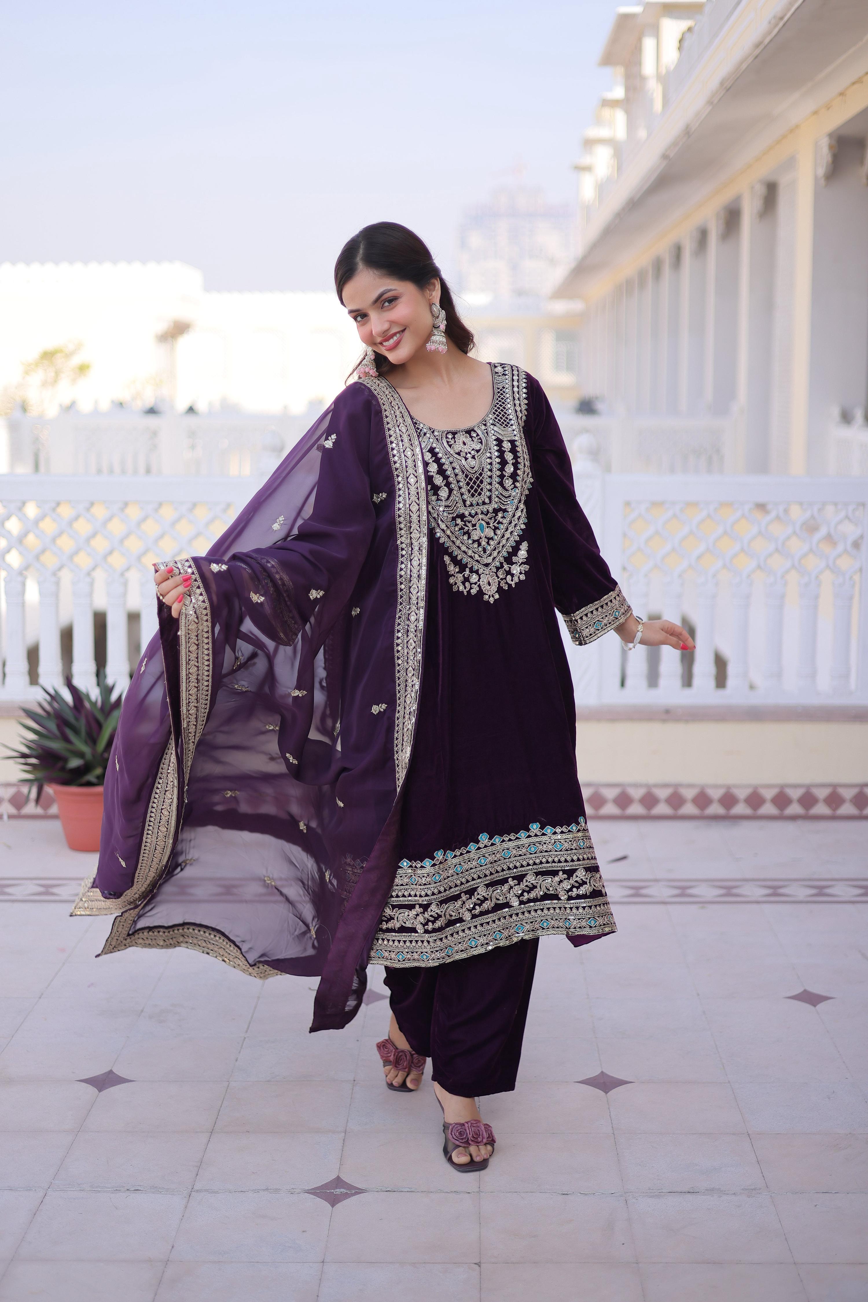Jyoti Fashion Wine Velvet Embroidered Designer Kurta Set with Batwa - Distacart