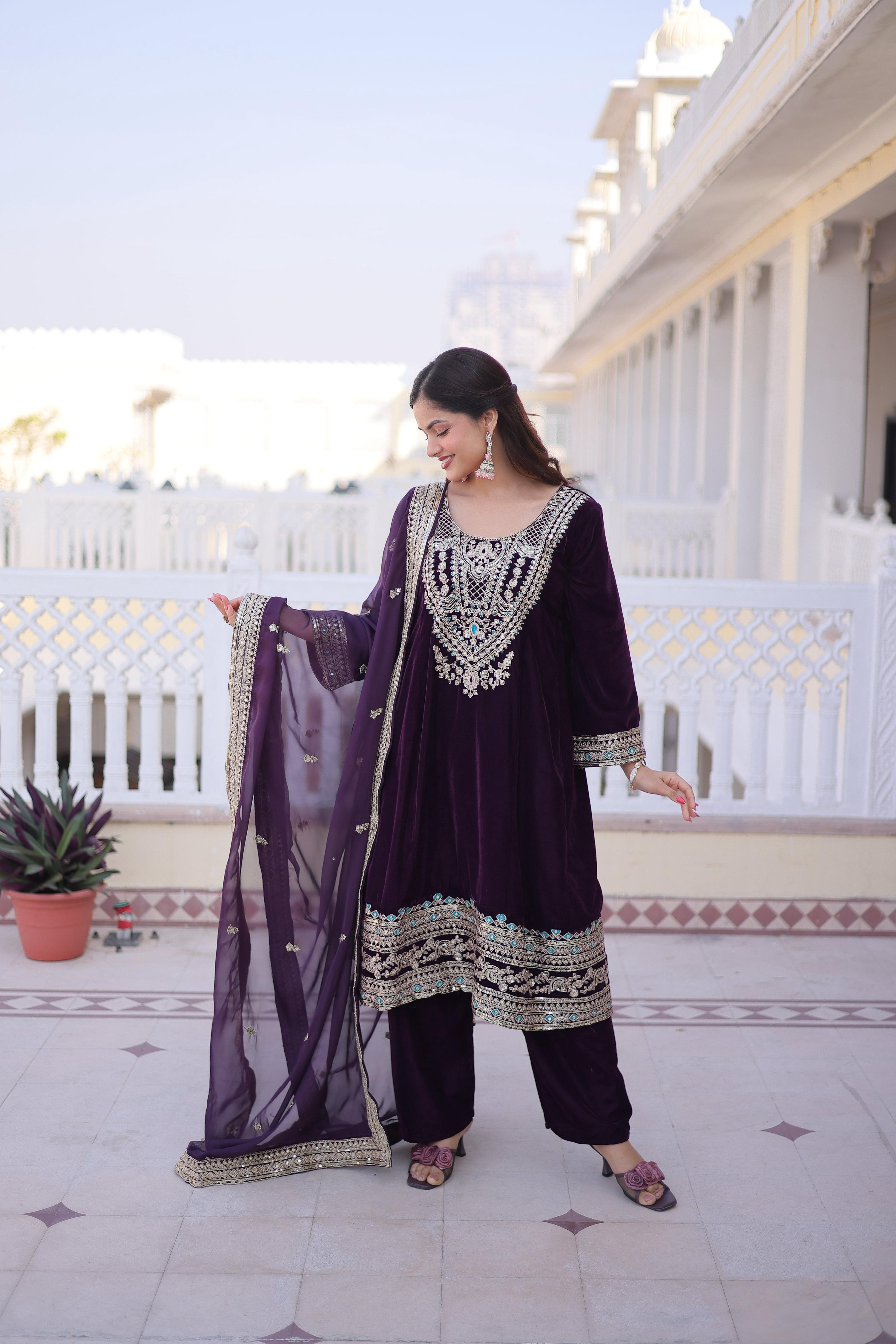 Jyoti Fashion Wine Velvet Embroidered Designer Kurta Set with Batwa - Distacart