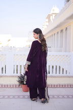 Jyoti Fashion Wine Velvet Embroidered Designer Kurta Set with Batwa - Distacart