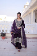 Jyoti Fashion Wine Velvet Embroidered Designer Kurta Set with Batwa - Distacart