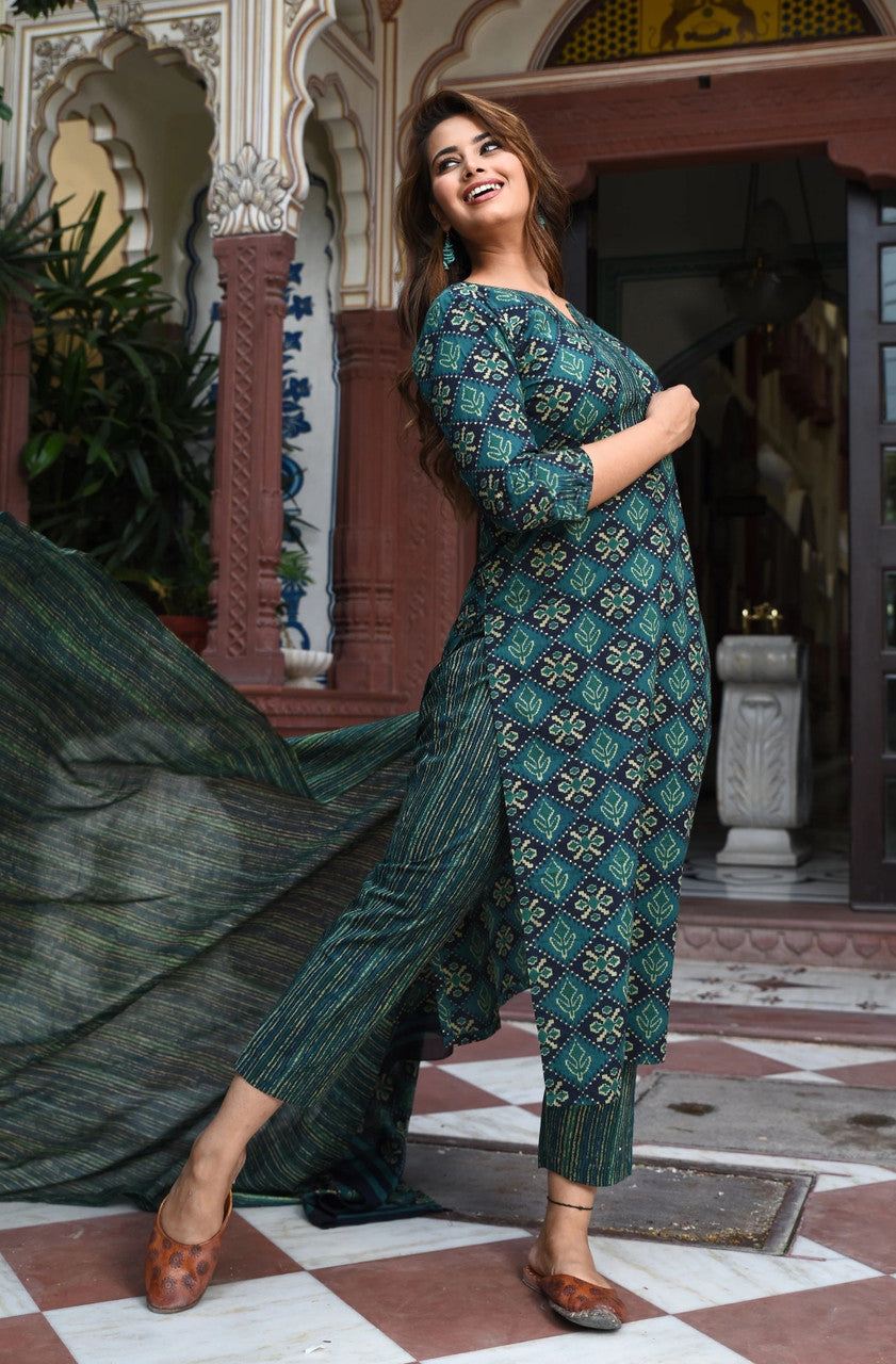 Jyoti Fashion Bottle Green Rayon Printed Designer Kurta Set With Dupatta - Distacart