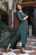Jyoti Fashion Bottle Green Rayon Printed Designer Kurta Set With Dupatta - Distacart