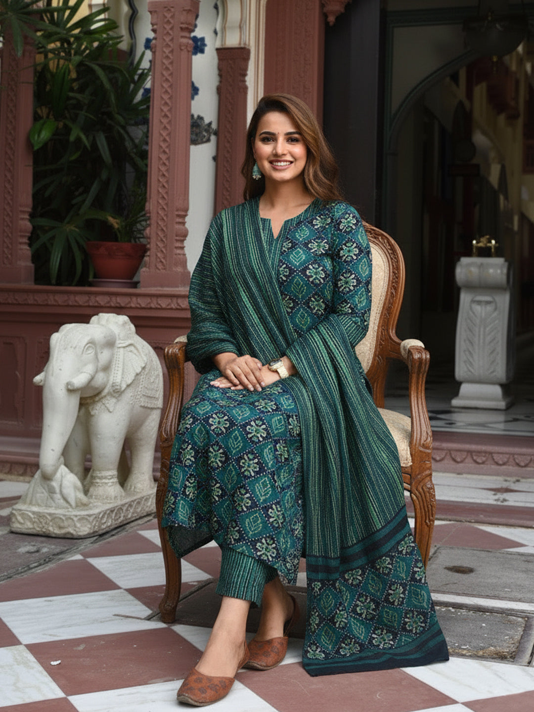 Jyoti Fashion Bottle Green Rayon Printed Designer Kurta Set With Dupatta - Distacart