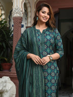 Jyoti Fashion Bottle Green Rayon Printed Designer Kurta Set With Dupatta - Distacart