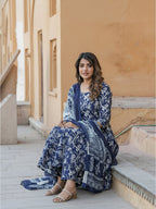Jyoti Fashion Navy Blue Rayon Printed Designer Kurta Set With Dupatta - Distacart