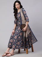 Jyoti Fashion Navy Blue Rayon Printed Designer Kurta Set With Dupatta - Distacart