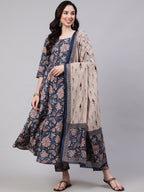 Jyoti Fashion Navy Blue Rayon Printed Designer Kurta Set With Dupatta - Distacart