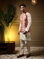 Jyoti Fashion Men's Peach Slub Silk Jacquard 3D Weaving Kurta Set with Koti
