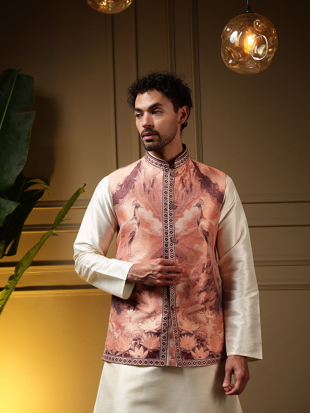 Jyoti Fashion Men's Peach Slub Silk Jacquard 3D Weaving Kurta Set with Koti