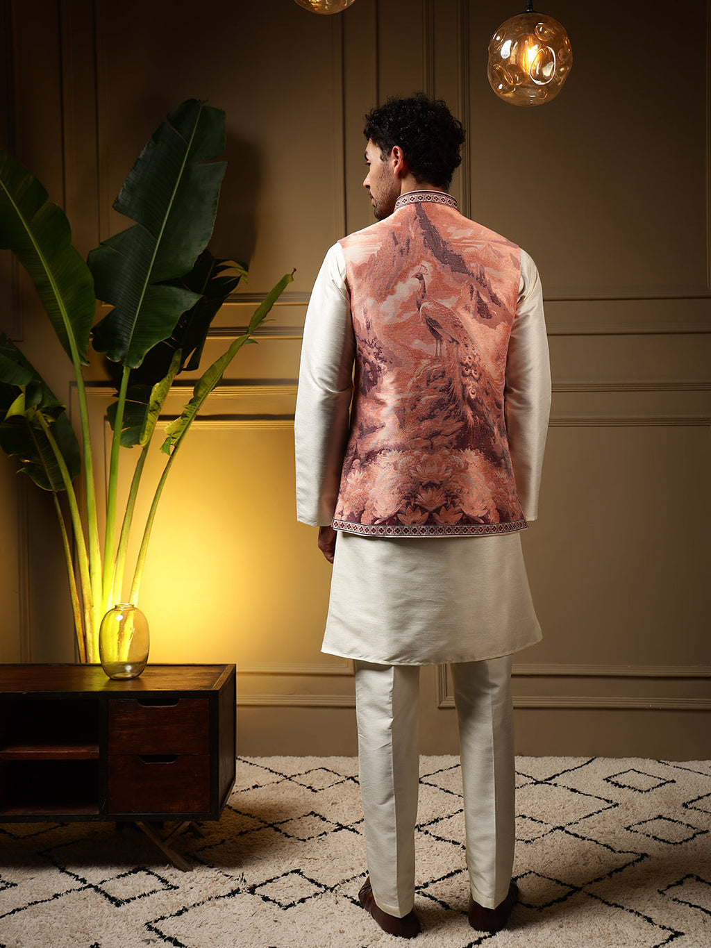 Jyoti Fashion Men's Peach Slub Silk Jacquard 3D Weaving Kurta Set with Koti
