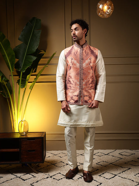 Jyoti Fashion Men's Peach Slub Silk Jacquard 3D Weaving Kurta Set with Koti