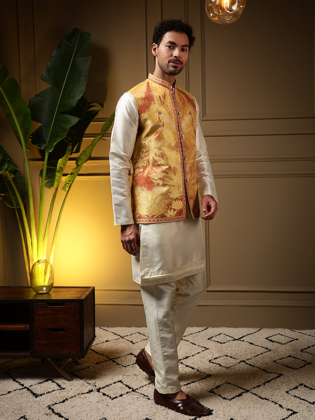 Jyoti Fashion Men's Yellow Slub Silk Jacquard 3D Weaving Kurta Set with Koti