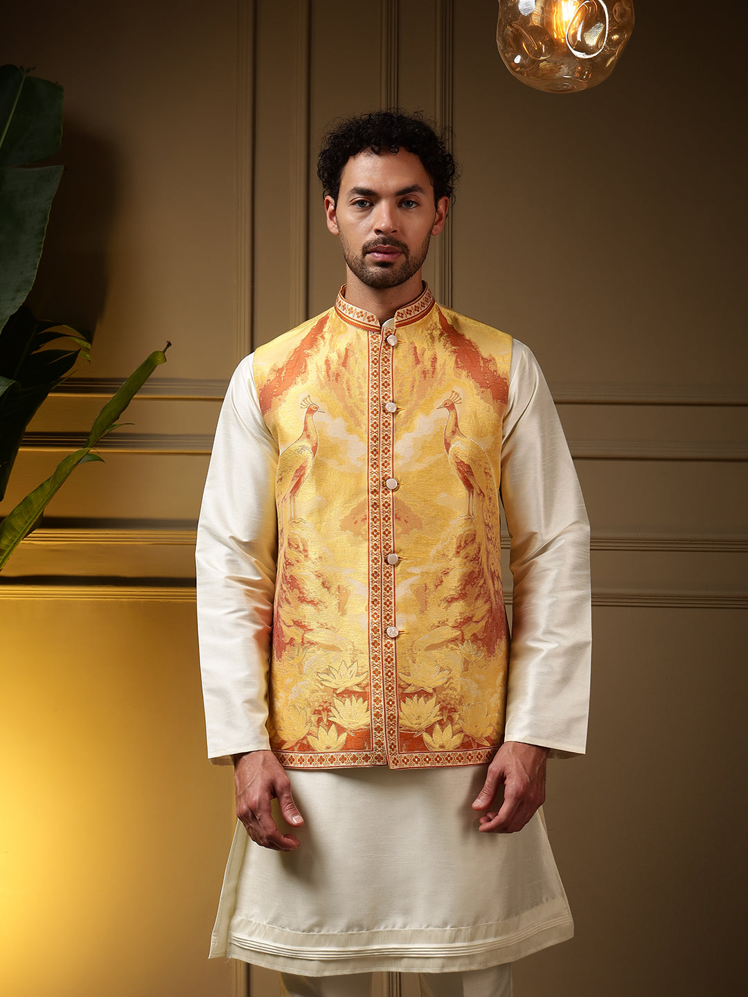 Jyoti Fashion Men's Yellow Slub Silk Jacquard 3D Weaving Kurta Set with Koti