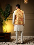 Jyoti Fashion Men's Yellow Slub Silk Jacquard 3D Weaving Kurta Set with Koti
