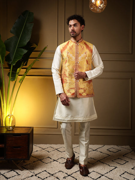 Jyoti Fashion Men's Yellow Slub Silk Jacquard 3D Weaving Kurta Set with Koti