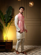 Jyoti Fashion Men's Pink Slub Silk Jacquard 3D Weaving Kurta Set with Koti