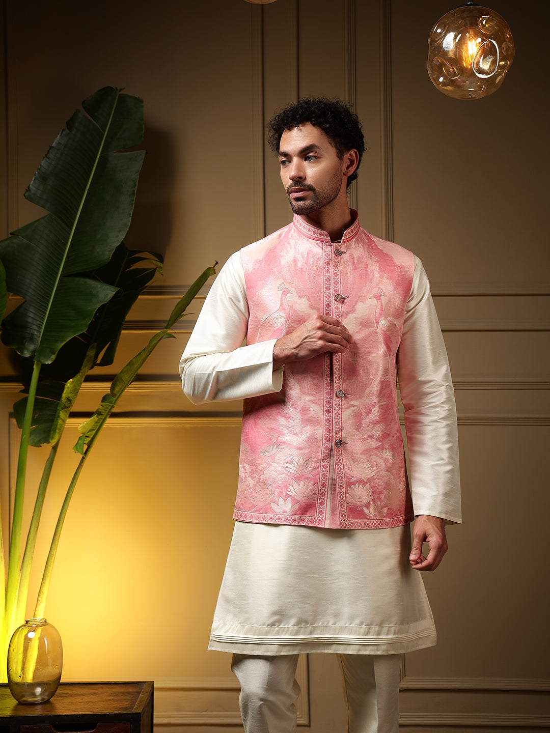 Jyoti Fashion Men's Pink Slub Silk Jacquard 3D Weaving Kurta Set with Koti