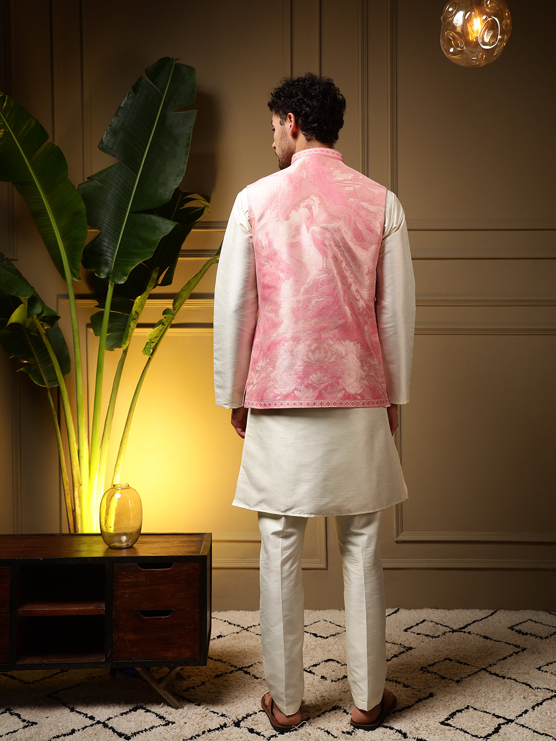 Jyoti Fashion Men's Pink Slub Silk Jacquard 3D Weaving Kurta Set with Koti