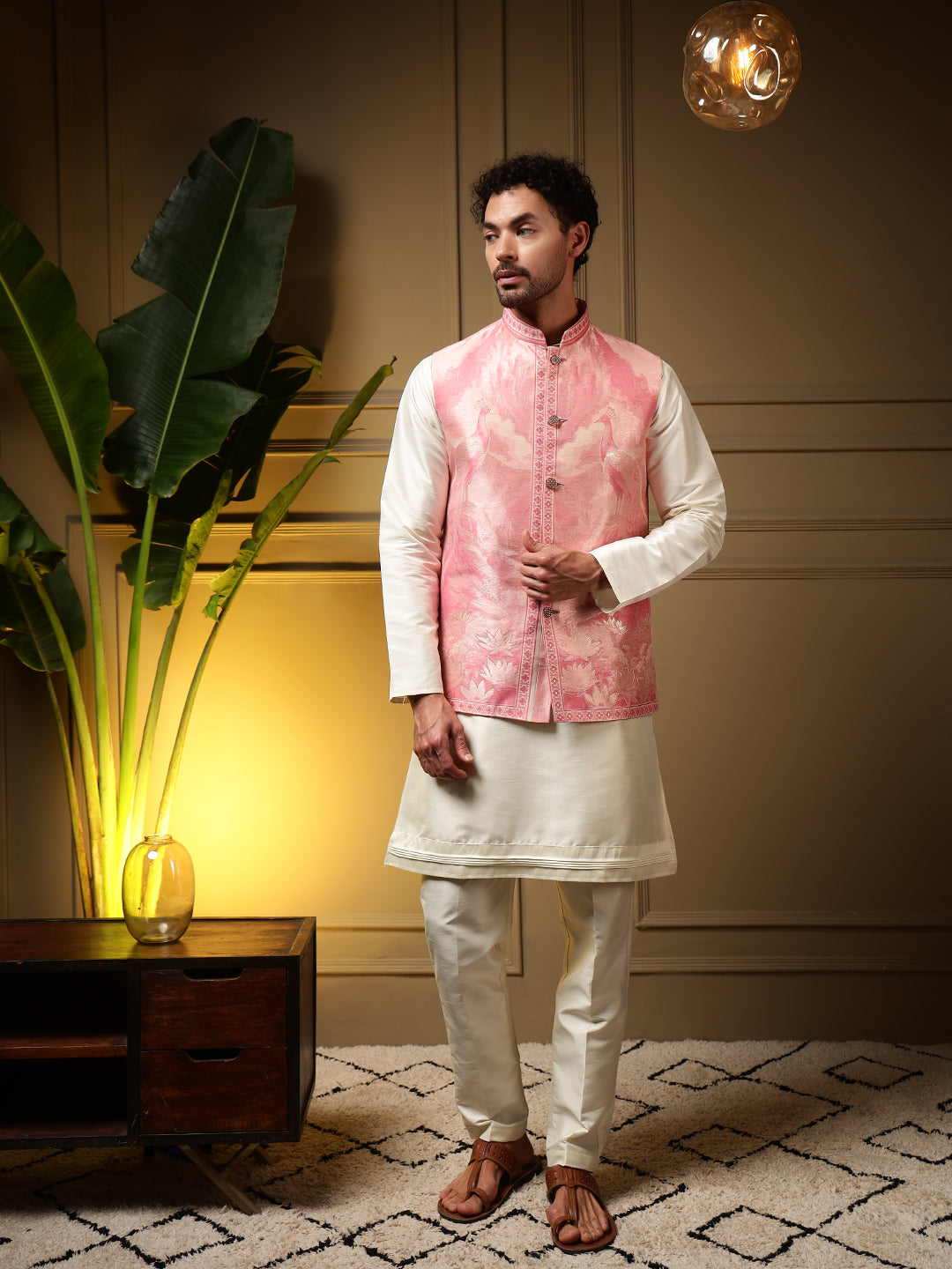 Jyoti Fashion Men's Pink Slub Silk Jacquard 3D Weaving Kurta Set with Koti