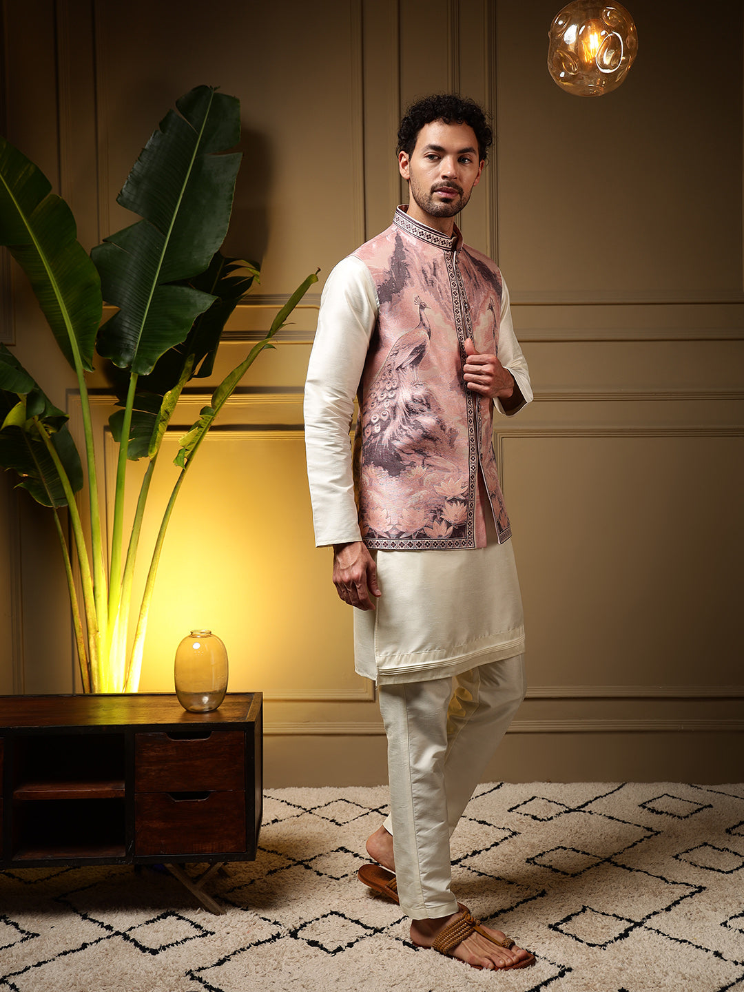 Jyoti Fashion Men's Wine Slub Silk Jacquard 3D Weaving Kurta Set with Koti