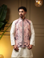 Jyoti Fashion Men's Wine Slub Silk Jacquard 3D Weaving Kurta Set with Koti