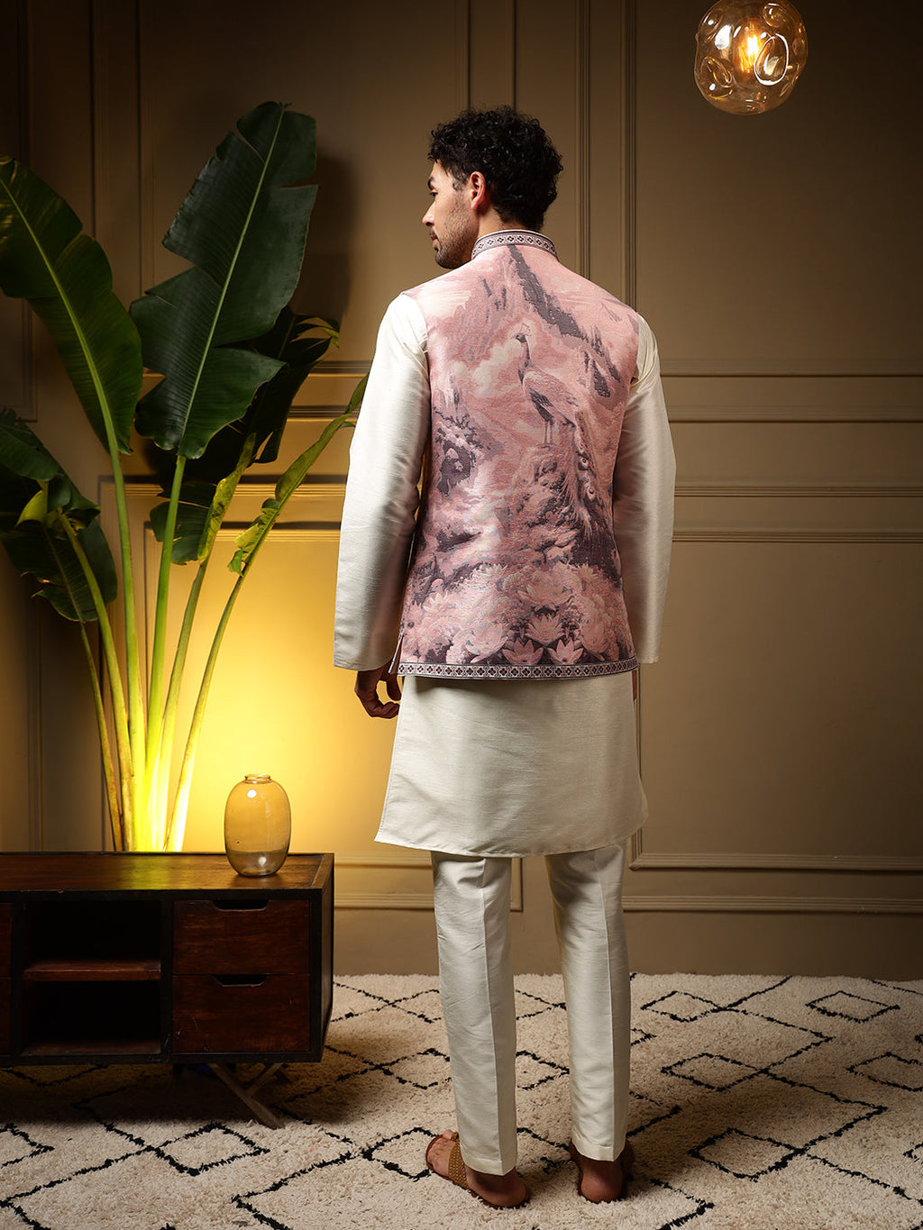Jyoti Fashion Men's Wine Slub Silk Jacquard 3D Weaving Kurta Set with Koti