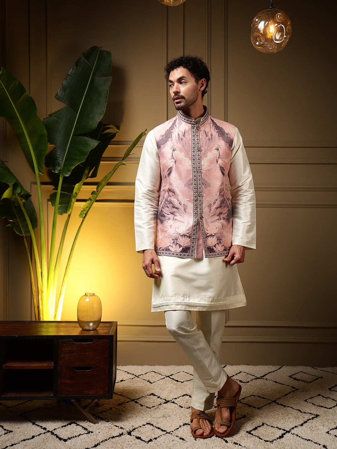 Jyoti Fashion Men's Wine Slub Silk Jacquard 3D Weaving Kurta Set with Koti