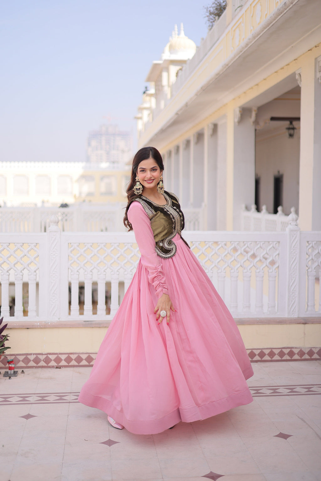 Jyoti Fashion Baby Pink Mal Chanderi Designer Anarkali Gown with Koti - Distacart